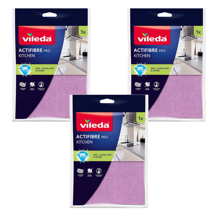 Cârpă de bucătărie Vileda Actifibre Pro, din microfibră, cu strat de PVA, se poate spăla la temperaturi de până la 60 °C, 183303, 3 bucăți