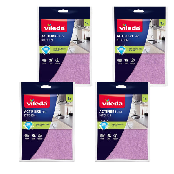 Cârpă de bucătărie Vileda Actifibre Pro, din microfibră, cu strat de PVA, se poate spăla la temperaturi de până la 60 °C, 183303, 4 bucăți