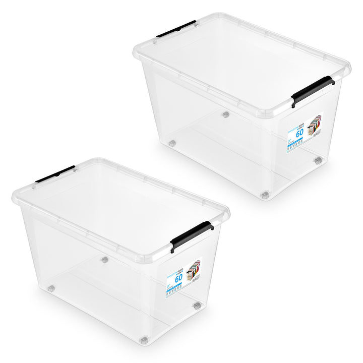 Recipient Moxom SimpleStore, capacitate 60 L, transparent, capac cu cleme, prevăzut cu roți, fără BPA, 04-0081, 2 bucăți