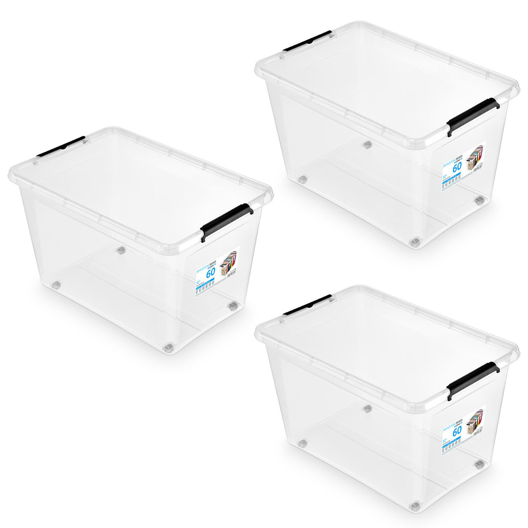 Recipient Moxom SimpleStore, capacitate 60 L, transparent, capac cu cleme, prevăzut cu roți, fără BPA, 04-0081, 3 bucăți