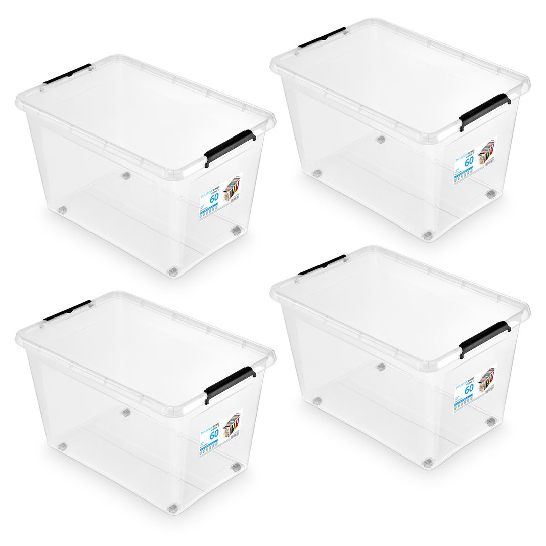 Recipient Moxom SimpleStore, capacitate 60 L, transparent, capac cu cleme, prevăzut cu roți, fără BPA, 04-0081, 4 bucăți