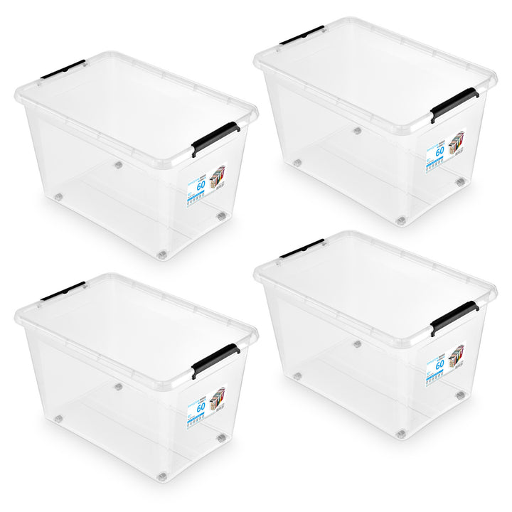 Recipient Moxom SimpleStore, capacitate 60 L, transparent, capac cu cleme, prevăzut cu roți, fără BPA, 04-0081, 4 bucăți