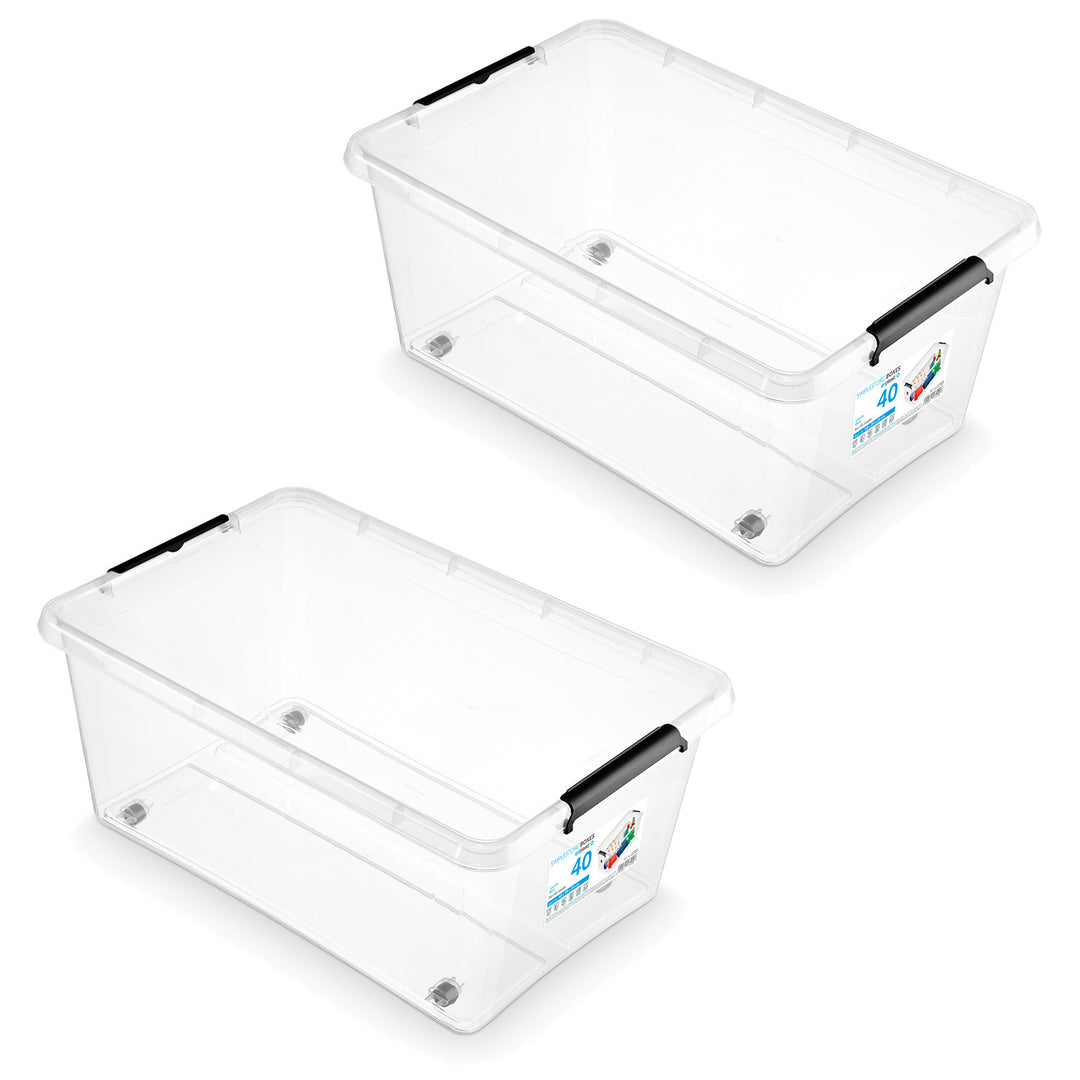 Recipient Moxom SimpleStore, capacitate 40 L, transparent, capac cu cleme, prevăzut cu roți, fără BPA, 04-0076, 2 bucăți