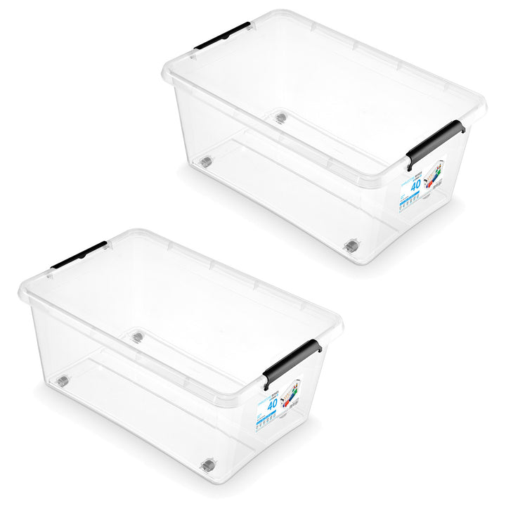 Recipient Moxom SimpleStore, capacitate 40 L, transparent, capac cu cleme, prevăzut cu roți, fără BPA, 04-0076, 2 bucăți