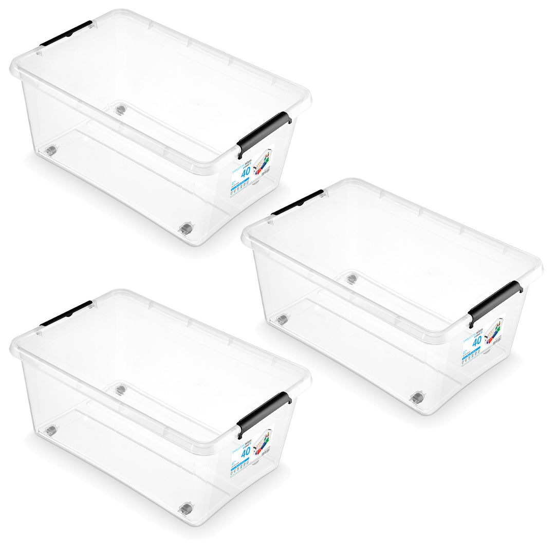 Recipient Moxom SimpleStore, capacitate 40 L, transparent, capac cu cleme, prevăzut cu roți, fără BPA, 04-0076, 3 bucăți