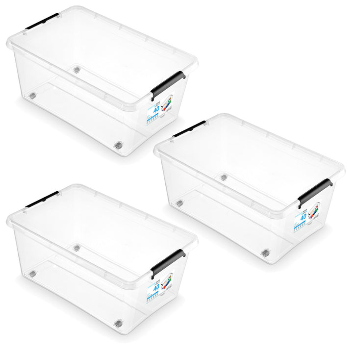 Recipient Moxom SimpleStore, capacitate 40 L, transparent, capac cu cleme, prevăzut cu roți, fără BPA, 04-0076, 3 bucăți