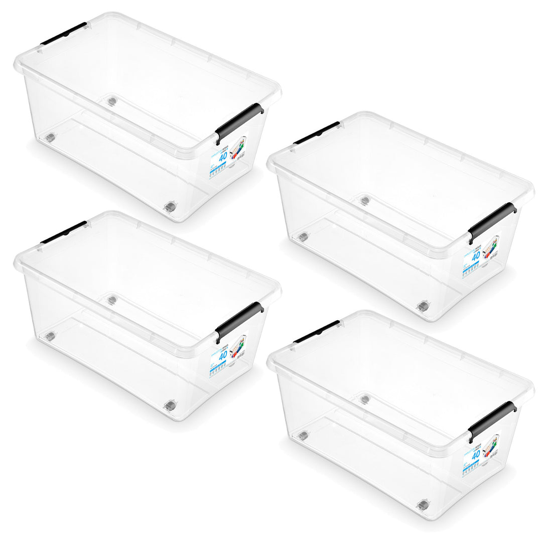 Recipient Moxom SimpleStore, capacitate 40 L, transparent, capac cu cleme, prevăzut cu roți, fără BPA, 04-0076, 4 bucăți