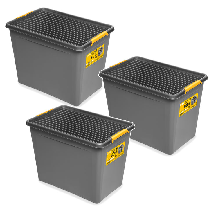 Container Moxom SolidStore, capacitate 80 L, gri, capac cu cleme, prevăzut cu roți, fără BPA, 04-0217, 3 bucăți