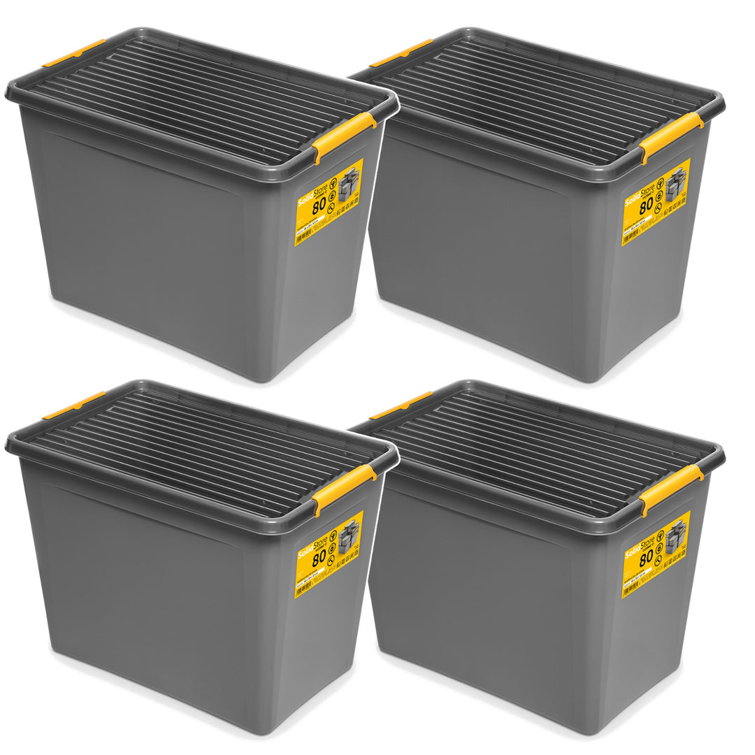 Container Moxom SolidStore, capacitate 80 L, gri, capac cu cleme, prevăzut cu roți, fără BPA, 04-0217, 4 bucăți