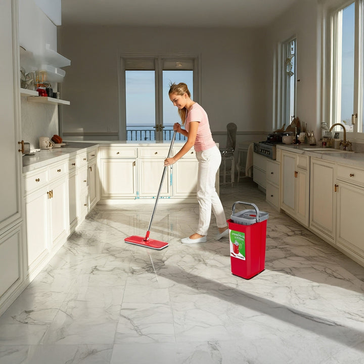 Mop plat cu găleată și storcător GreenBlue, două pânze din microfibră HQ, capacitate de 5,7 L, MaxiClean GB870 + 4 bureți de spălat Vileda Pur Active Colors