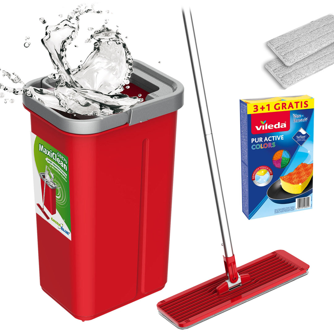 Mop plat cu găleată și storcător GreenBlue, două pânze din microfibră HQ, capacitate de 5,7 L, MaxiClean GB870 + 4 bureți de spălat Vileda Pur Active Colors