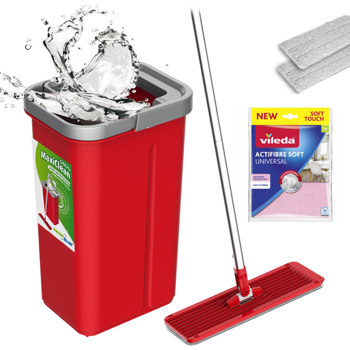 Mop plat cu găleată și storcător GreenBlue, două cartușe din microfibră HQ, capacitate de 5,7 L, MaxiClean GB870 + cârpă Vileda Actifibre Soft