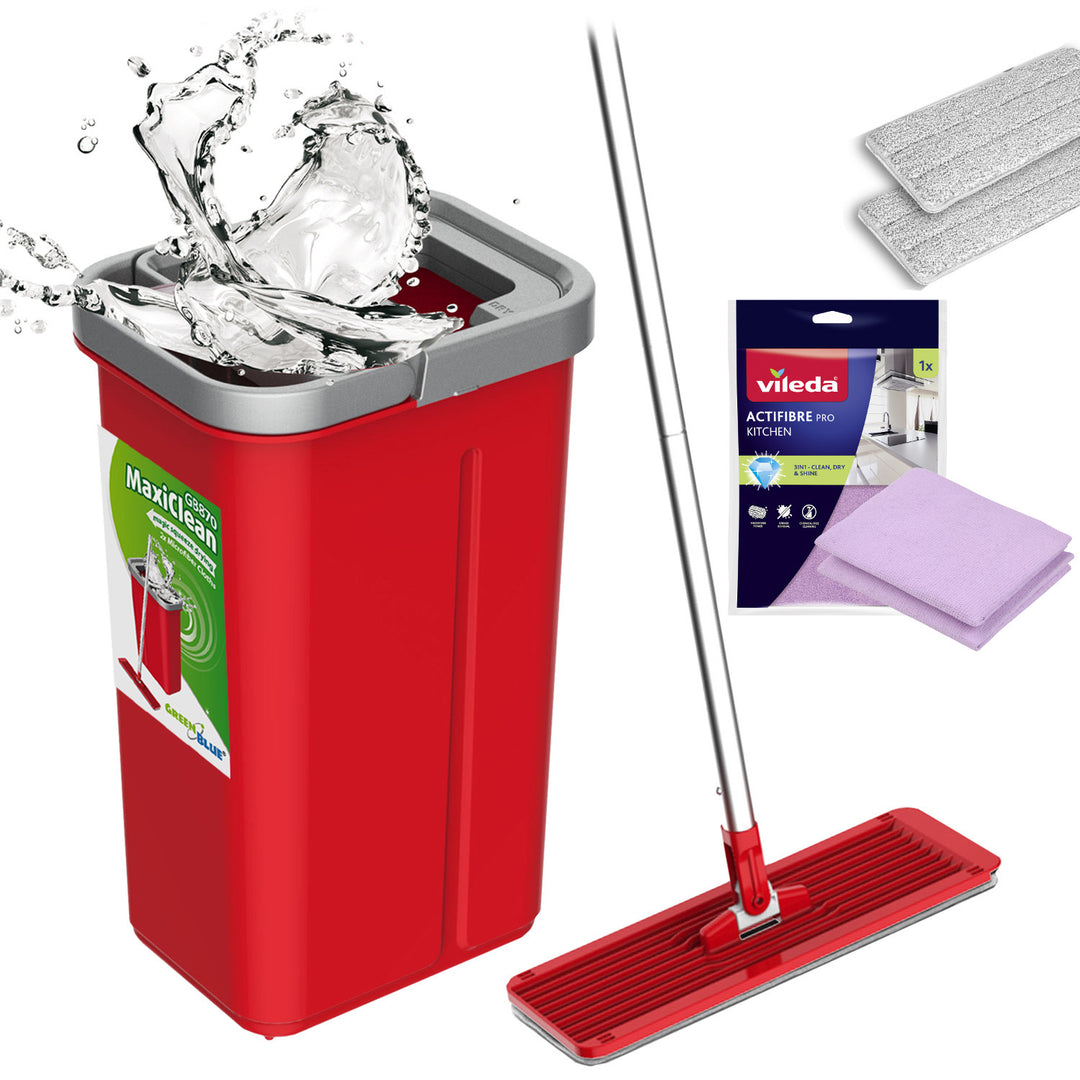 Mop plat cu găleată și storcător GreenBlue, două carcase din microfibră HQ, capacitate de 5,7 L, MaxiClean GB870 + cârpă Vileda Actifibre Pro