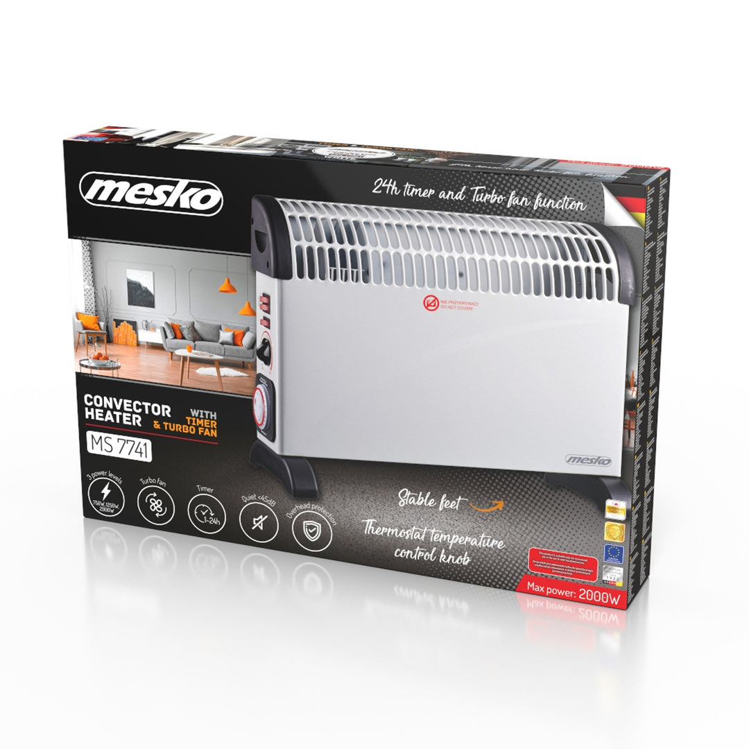 Convector electric, termostat, 2000 W, temporizator de 24 de ore, alb, cablu de 150 cm, Mesko, MS 7741W