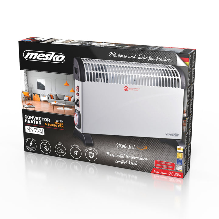 Convector electric, termostat, 2000 W, temporizator de 24 de ore, alb, cablu de 150 cm, Mesko, MS 7741W