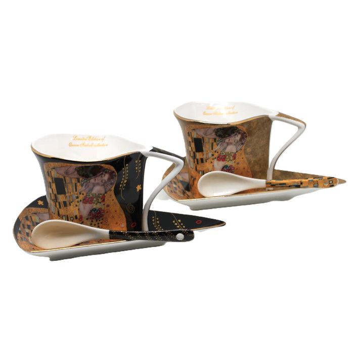 Cești de porțelan Klimt „Sărutul”, 2 x 180 ml, cu lingurițe, Queen Isabell