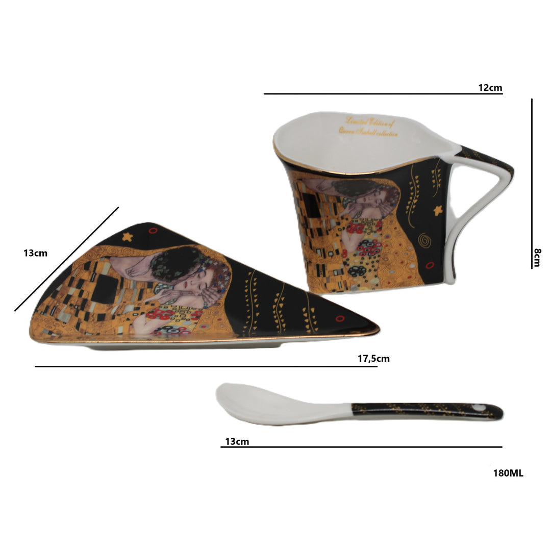 Cești de porțelan Klimt „Sărutul”, 2 x 180 ml, cu lingurițe, Queen Isabell