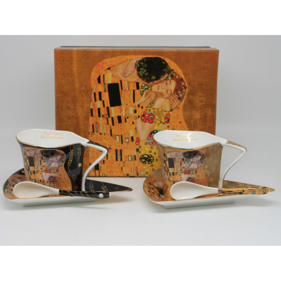 Cești de porțelan Klimt „Sărutul”, 2 x 180 ml, cu lingurițe, Queen Isabell