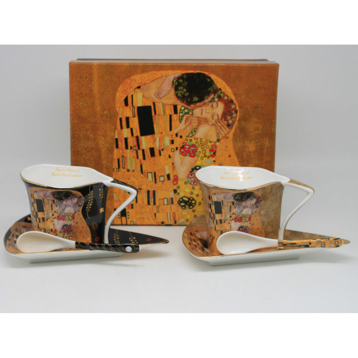 Cești de porțelan Klimt „Sărutul”, 2 x 180 ml, cu lingurițe, Queen Isabell