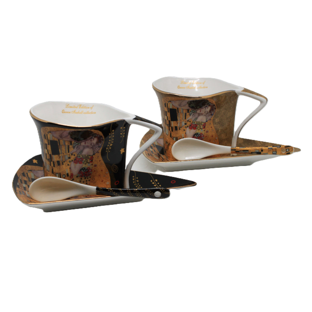 Cești de porțelan Klimt „Sărutul”, 2 x 180 ml, cu lingurițe, Queen Isabell