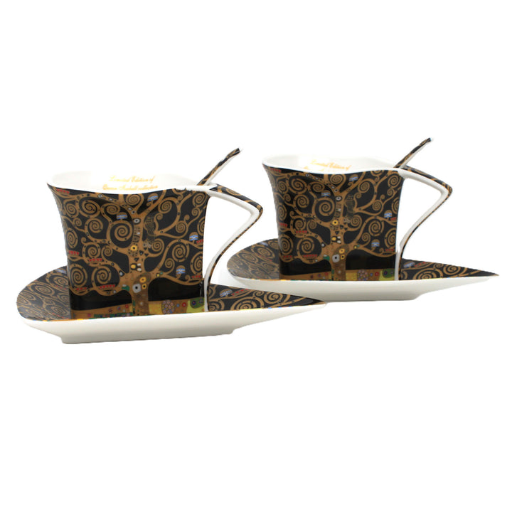 Cești de porțelan Klimt „Arborele Vieții”, 2 x 180 ml, cu lingurițe, Queen Isabell