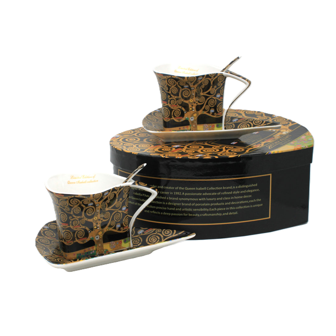 Cești de porțelan Klimt „Arborele Vieții”, 2 x 180 ml, cu lingurițe, Queen Isabell
