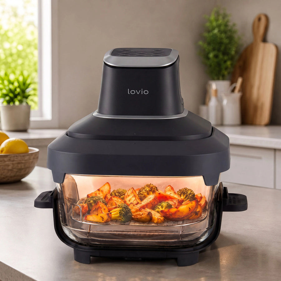Friteuză fără ulei LOVIO PureFry Ultra Crisp LVAF003BK 4L+1,5L 1550W, neagră, cu recipiente din sticlă
