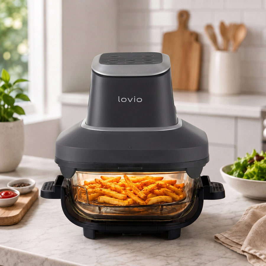 Friteuză fără ulei LOVIO PureFry Ultra Crisp LVAF003BK 4L+1,5L 1550W, neagră, cu recipiente din sticlă