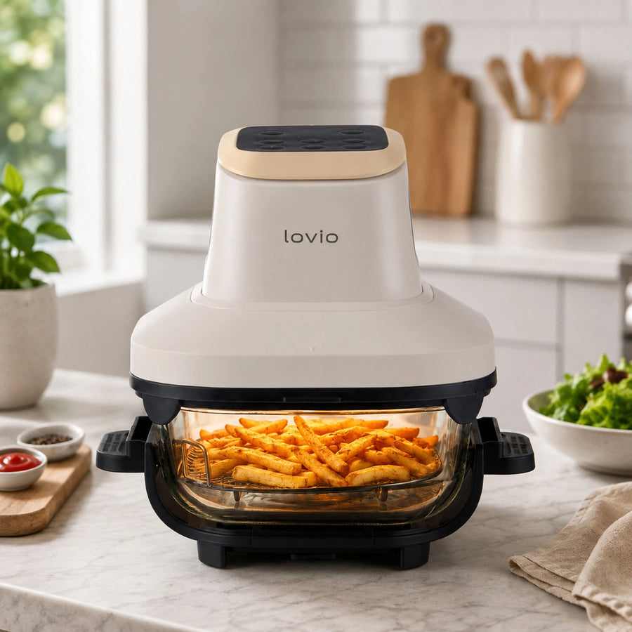 Friteuză fără ulei LOVIO PureFry Ultra Crisp LVAF003BE 4L+1,5L 1550W, bej, cu recipiente din sticlă