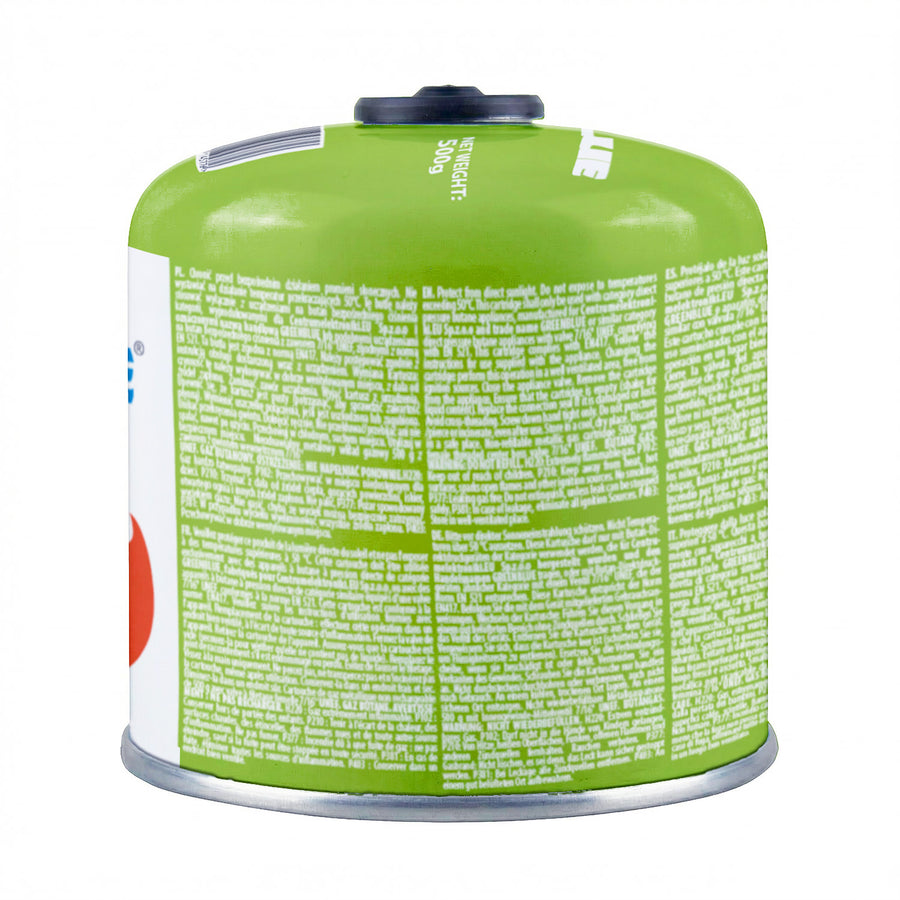Cartuș de gaz GreenBlue de 500 g. Certificat: Pi 0437, conform cu EN417, butan-propan, interval de temperatură de la -10 °C la +40 °C, supapă de 7/16", GB499, 48 de bucăți