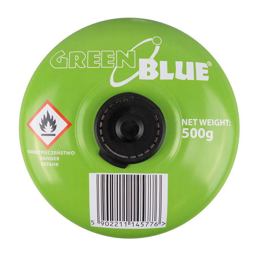 Cartuș de gaz GreenBlue de 500 g. Certificat: Pi 0437, conform cu EN417, butan-propan, interval de temperatură de la -10 °C la +40 °C, supapă de 7/16", GB499, 48 de bucăți