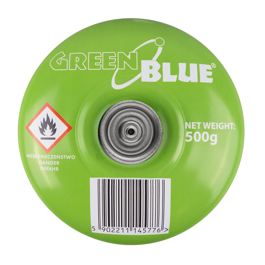 Cartuș de gaz GreenBlue de 500 g. Certificat: Pi 0437, conform cu EN417, butan-propan, interval de temperatură de la -10 °C la +40 °C, supapă de 7/16", GB499, 48 de bucăți
