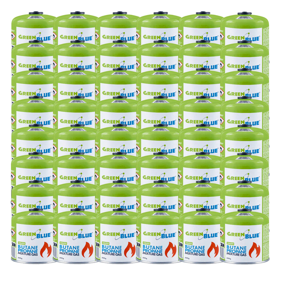 Cartuș de gaz GreenBlue de 500 g. Certificat: Pi 0437, conform cu EN417, butan-propan, interval de temperatură de la -10 °C la +40 °C, supapă de 7/16", GB499, 48 de bucăți