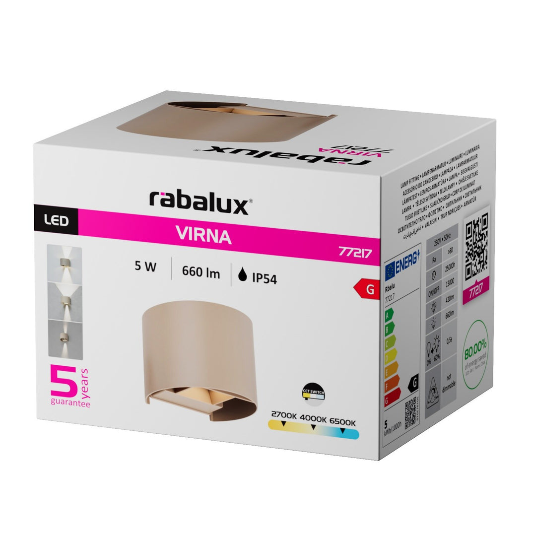 Aplică de exterior, Virna, LED 5 W, 420 lm, temperatură de culoare 2700, 4000, 6500 K, IP54, gri-bej, 77217
