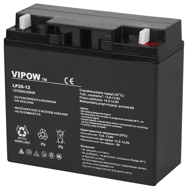 Baterie cu gel Vipow 12V 20Ah fără întreținere Dimensiuni 181 x 77 x 167 mm