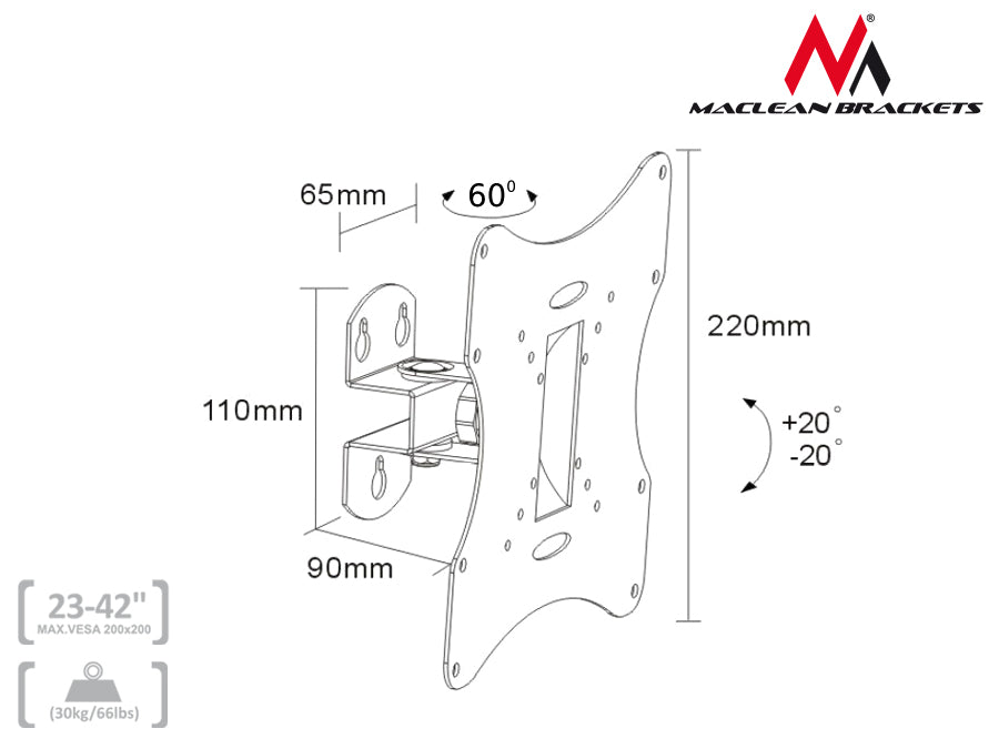 Maclean MC-501A Suport TV pentru montare pe perete Ecran LCD cu plasmă LED 23 "- 42" VESA de înaltă calitate