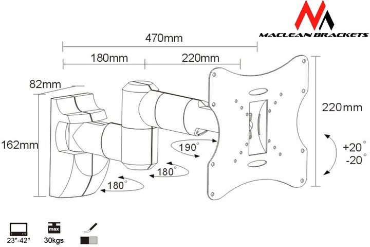 Suport reglabil pentru televizor curbat, Maclean, MC-503S, 23-42”, 30kg , gri