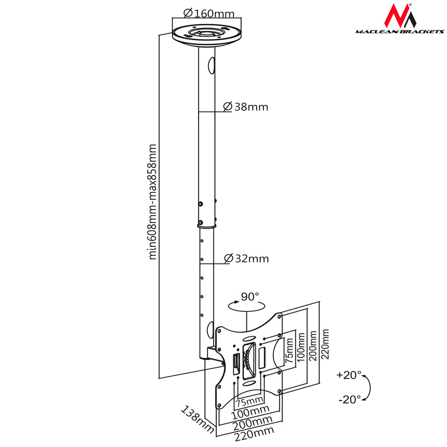 Maclean MC-504A B Suport TV pentru tavan 23-42 "50 - 85 cm 30kg Negru