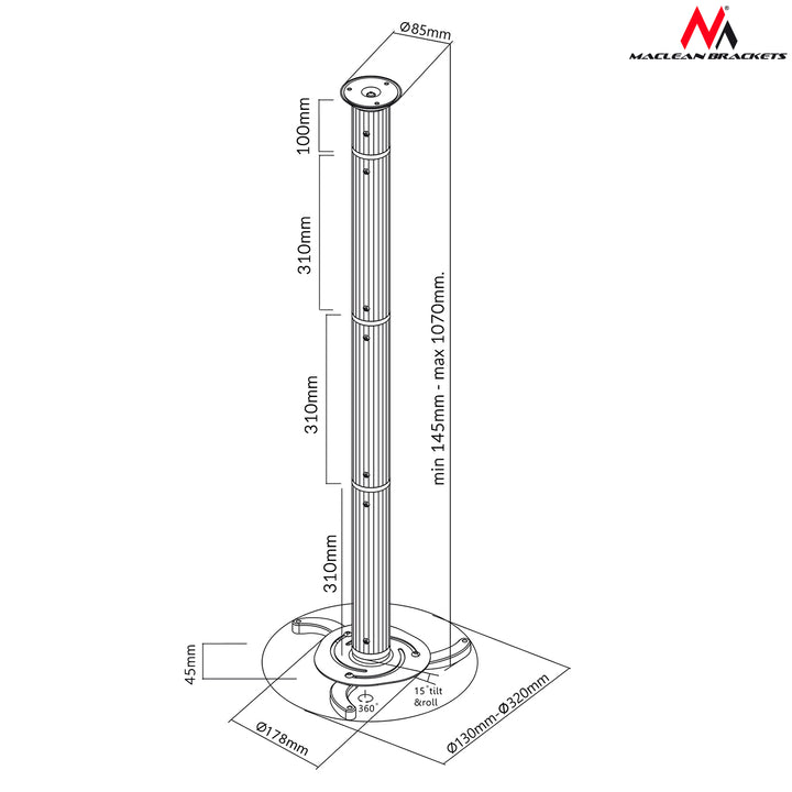 Suport de tavan pentru proiector argintiu de la 80mm la 980mm Maclean MC-517