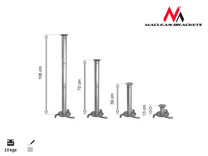 Suport de tavan pentru proiector argintiu de la 80mm la 980mm Maclean MC-517