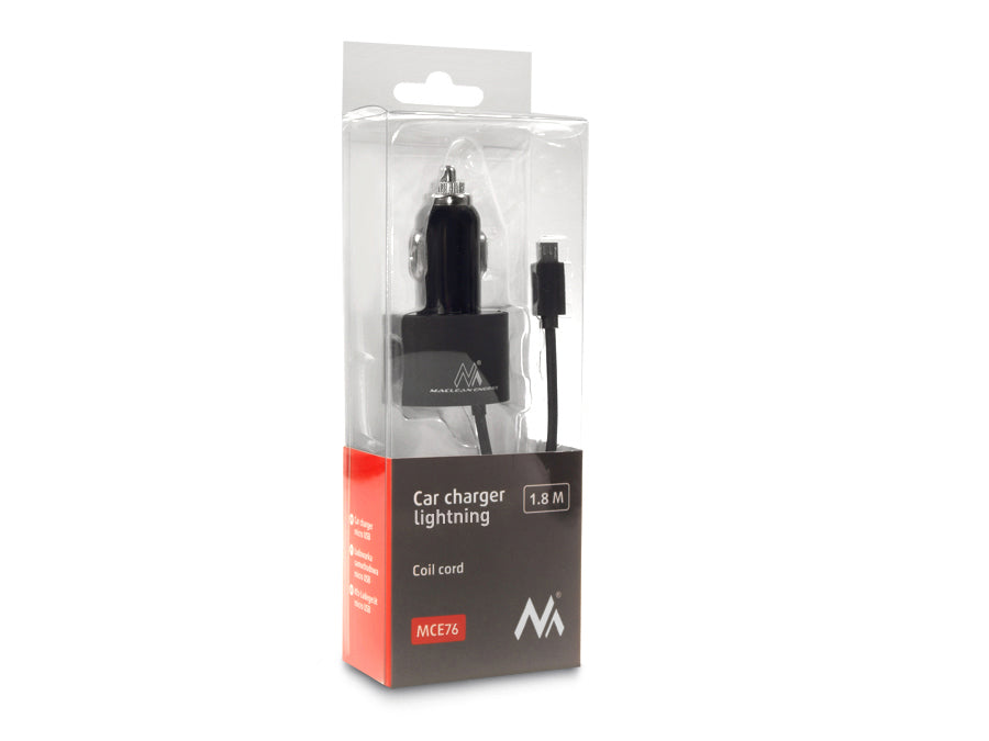 Încărcător auto Maclean, spirală Lightning, 2xUSB, 5.2A, 1.8m, MCE76