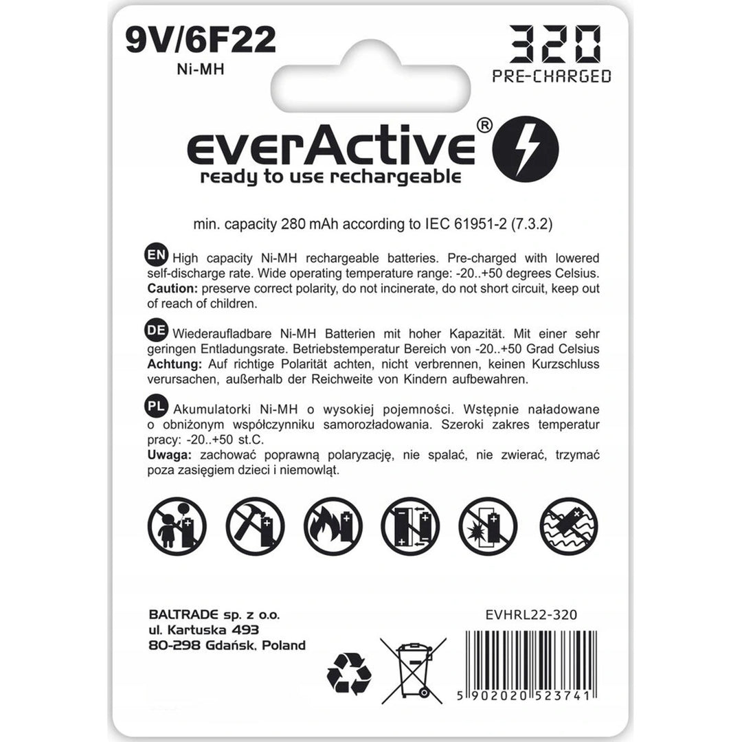 Baterie EverActive 6F22 / 9V Ni-MH 320 mAh gata de utilizare