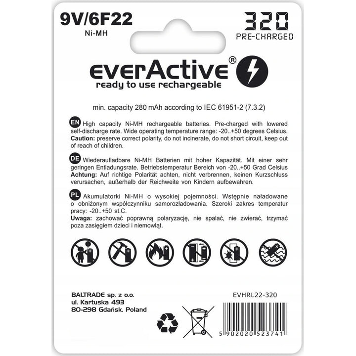 Baterie EverActive 6F22 / 9V Ni-MH 320 mAh gata de utilizare