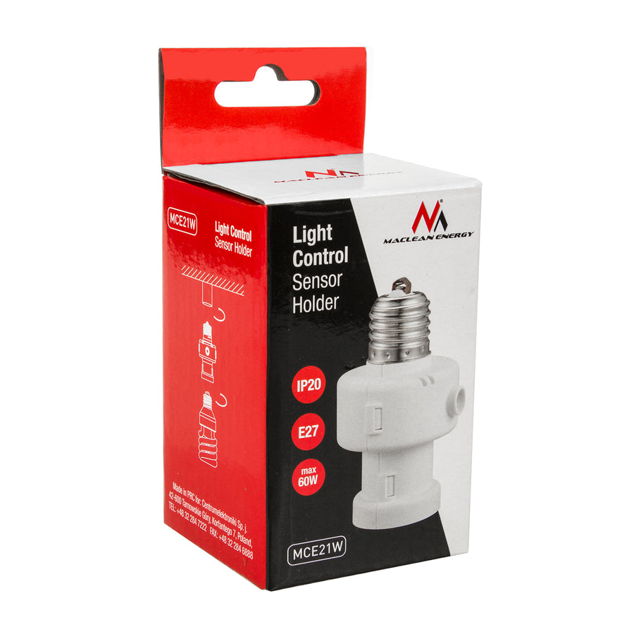 Suport de bec Maclean, E27, max. 100 W, cu senzor crepuscular, temporizator, alb, MCE21W