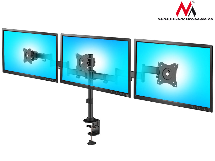 Suport de birou Maclean pentru 3 monitoare LCD, cu braț dublu, VESA 75x75 și 100x100, 13"-27", 8 kg, MC-691