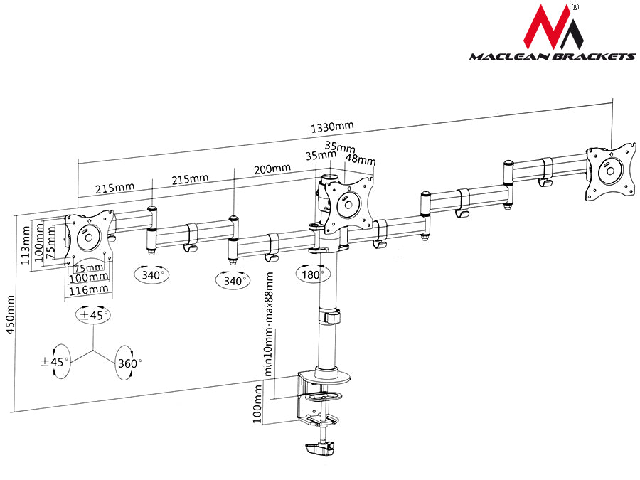 Suport de birou Maclean pentru 3 monitoare LCD, cu braț dublu, VESA 75x75 și 100x100, 13"-27", 8 kg, MC-691