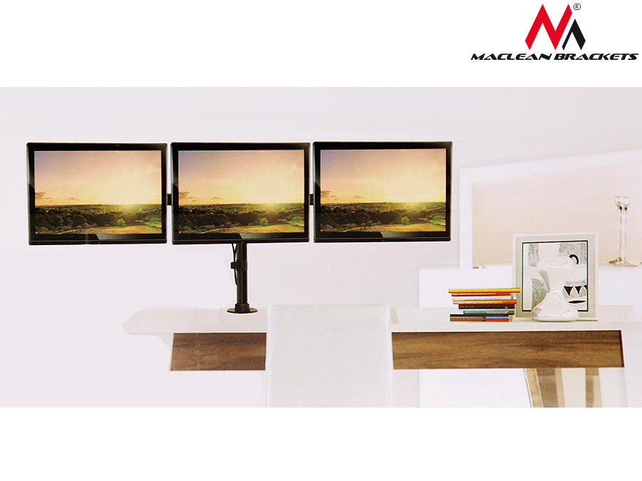 Suport de birou Maclean pentru 3 monitoare LCD, cu braț dublu, VESA 75x75 și 100x100, 13"-27", 8 kg, MC-691