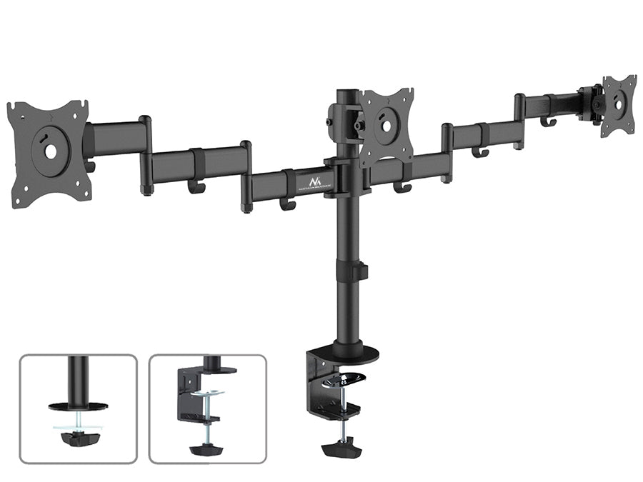 Suport de birou Maclean pentru 3 monitoare LCD, cu braț dublu, VESA 75x75 și 100x100, 13"-27", 8 kg, MC-691
