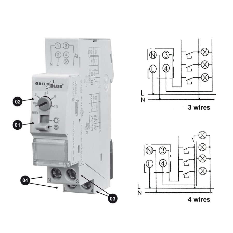 GreenBlue Controler automat pentru scări montat pe șină DIN, reglabil între 30s-10m, max 2300 W, GB114