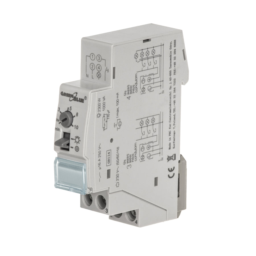 GreenBlue Controler automat pentru scări montat pe șină DIN, reglabil între 30s-10m, max 2300 W, GB114